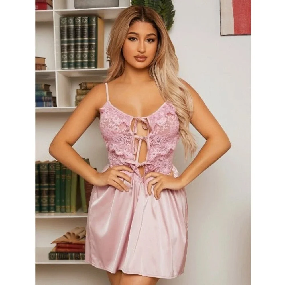 Size 12 XL Satin Lace Panel Ruffle Trim Knot Front Babydoll Slip